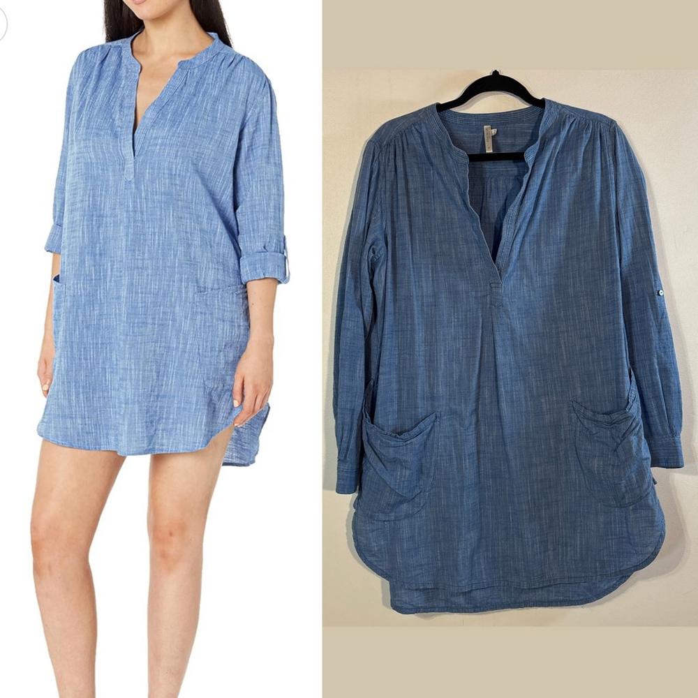 Seafolly Beach Basics Boyfriend Shirt Cover Up Women's Small Blue Roll Tabs